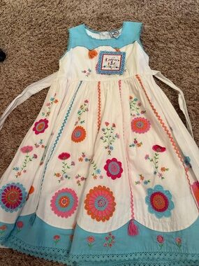Cotton Kid Girls' Cream Floral Embroidered Dress with Blue Trim